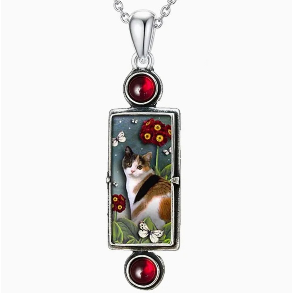 Cat Pendant Necklace With Red Accents on Silver Tone Chain